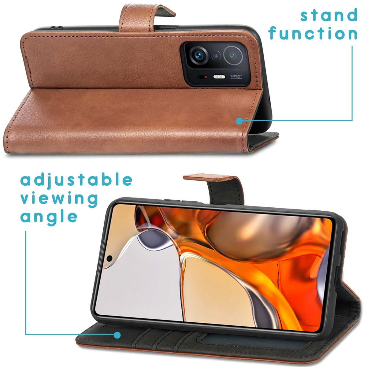 Étui de téléphone en cuir marron, ouvert, avec un téléphone à l'intérieur. Le téléphone est en mode support et a un angle de vision réglable.