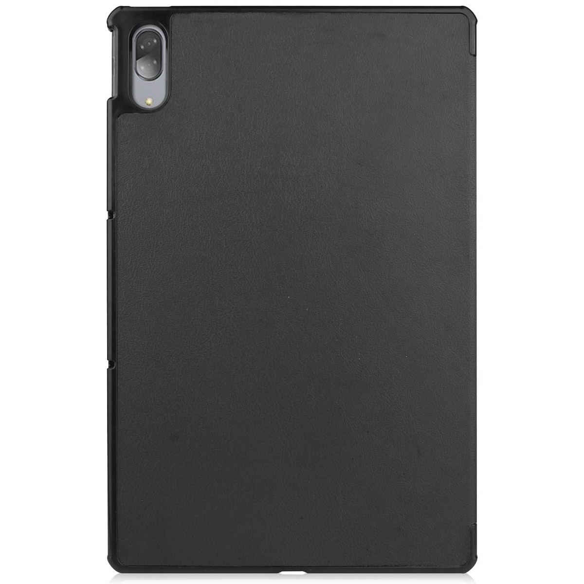 Black tablet case, closed, with a simple design. The case is a solid black color.