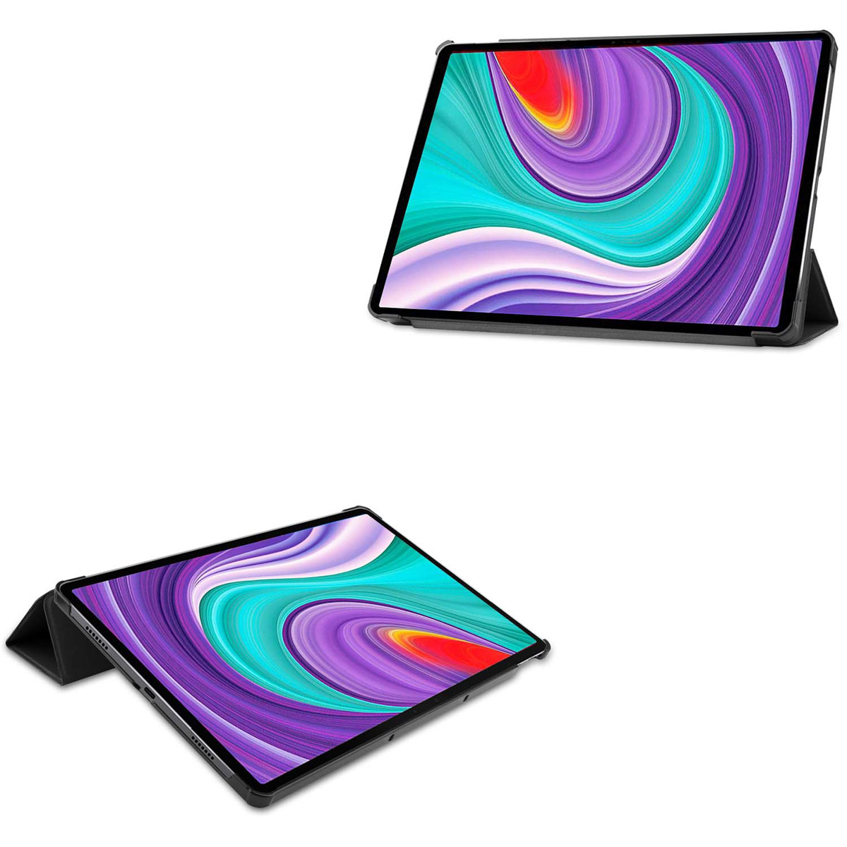 Two tablets displayed, showing a swirling colorful design on their screens, set against a white background.