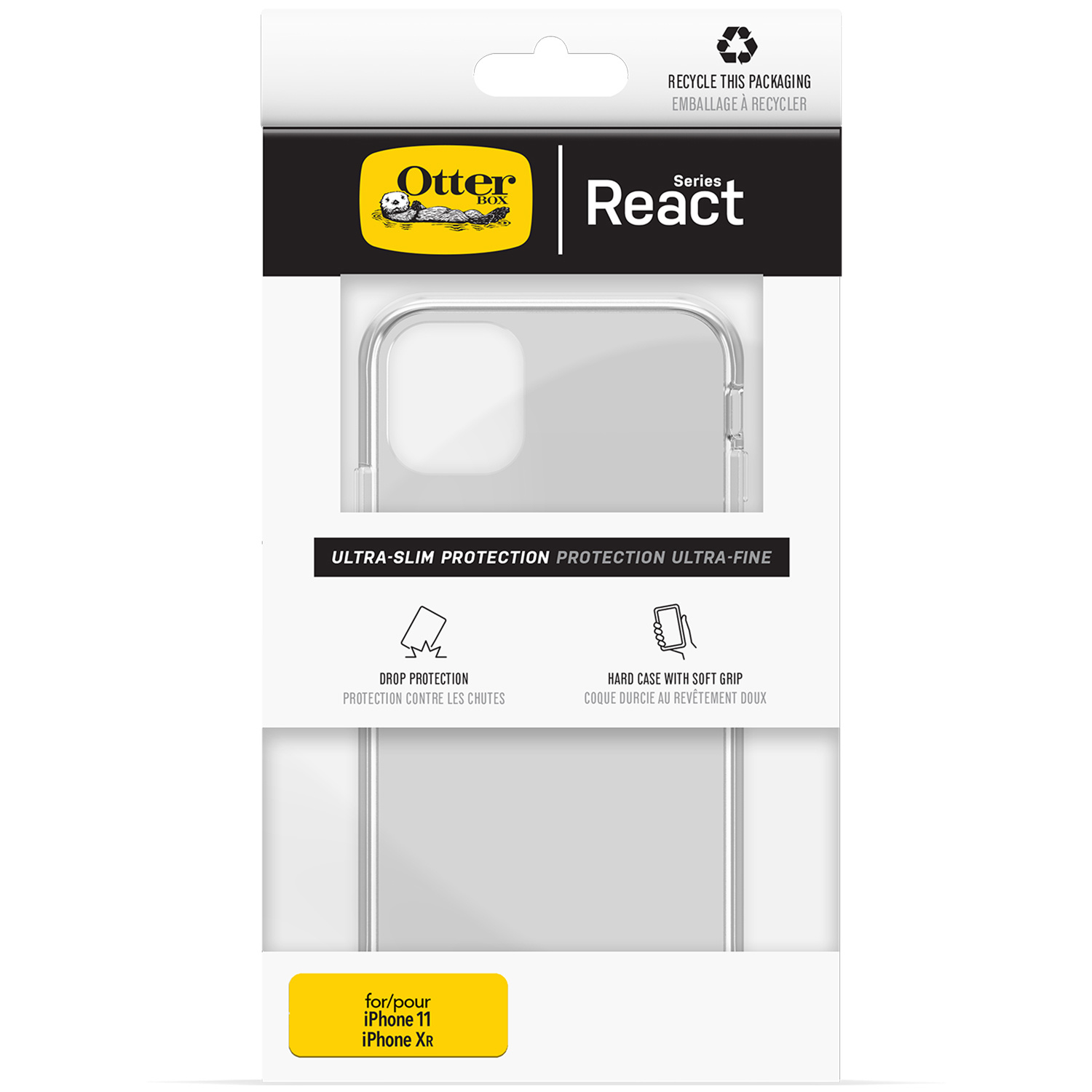 Verpakking van een transparante telefoonhoesje met productdetails en logo.