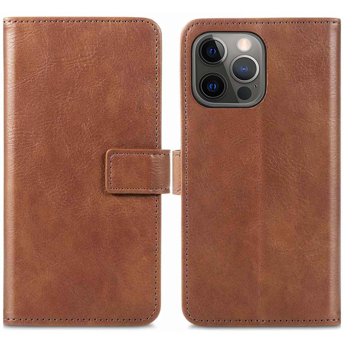Brown phone case, open. The phone is visible.