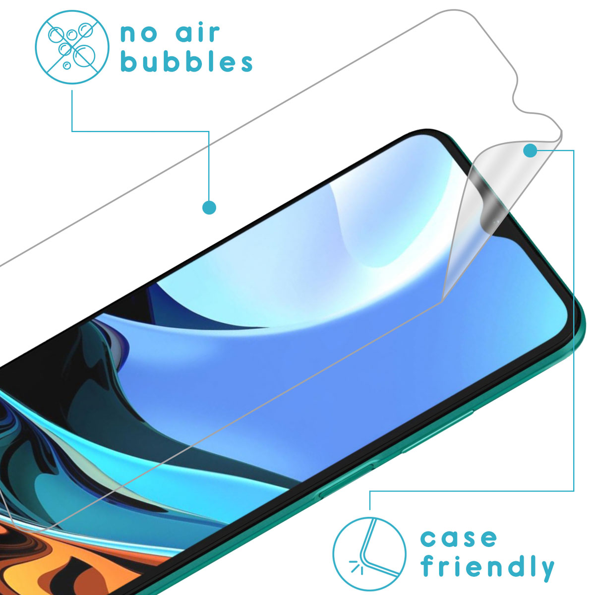 Phone screen protector being applied. No air bubbles, case-friendly design.