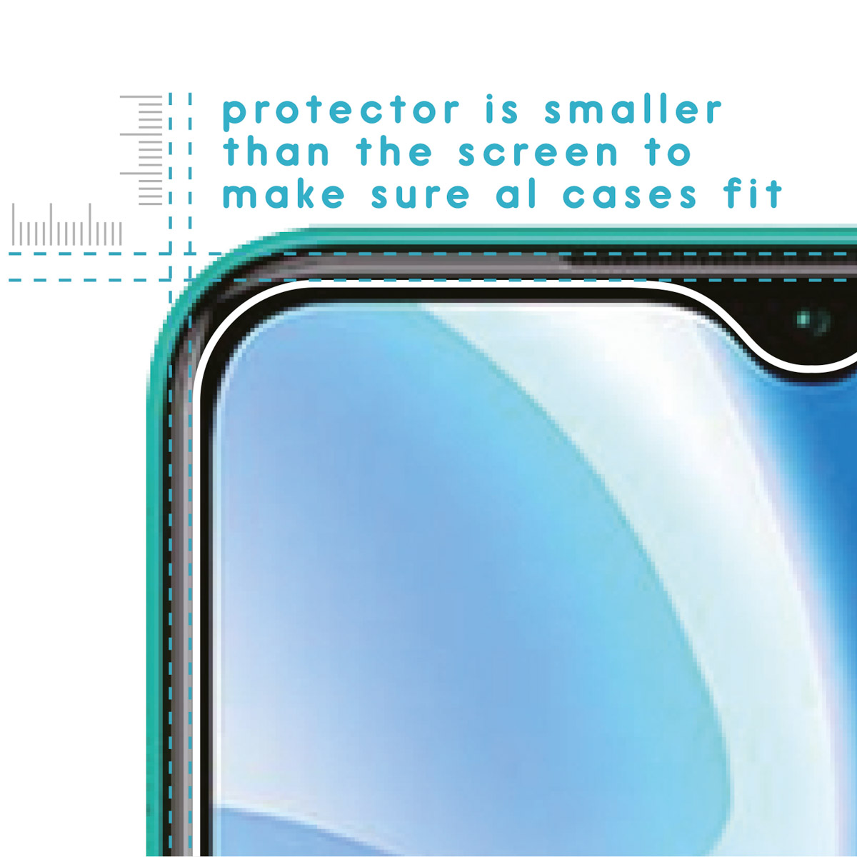 Screen protector on phone, showing a smaller size. Protector smaller to fit cases.