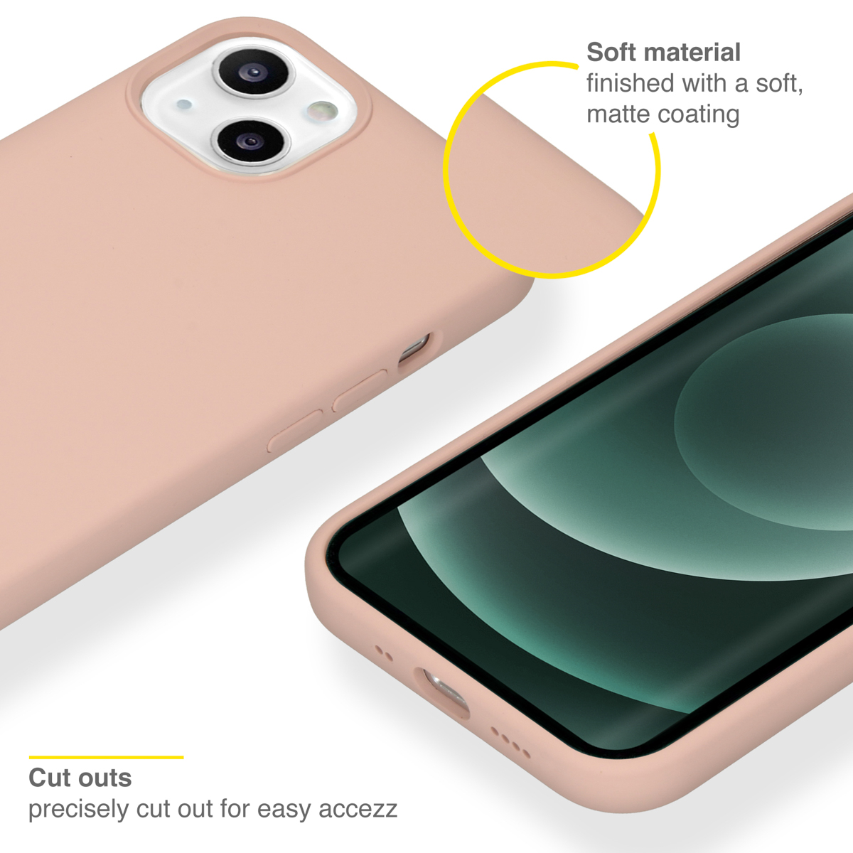 Een telefoonhoesje met een zachte, matte coating. De hoes heeft uitsparingen voor gemakkelijke toegang.