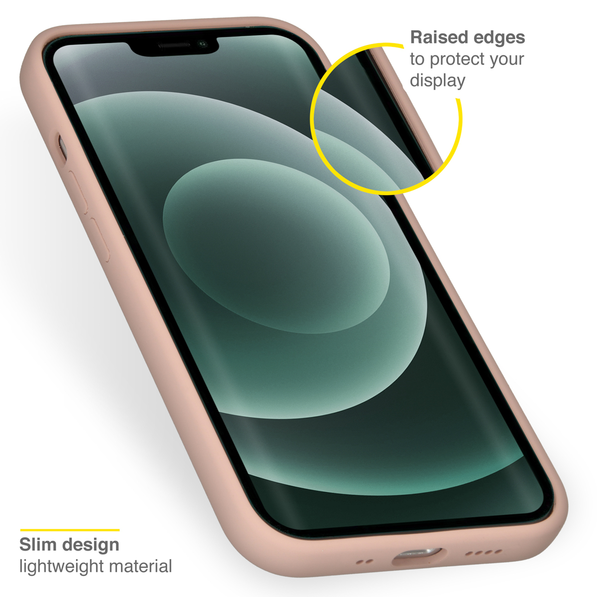 Perziktelefoonhoes met een telefoon erin. Toont een cirkel die de randen markeert.