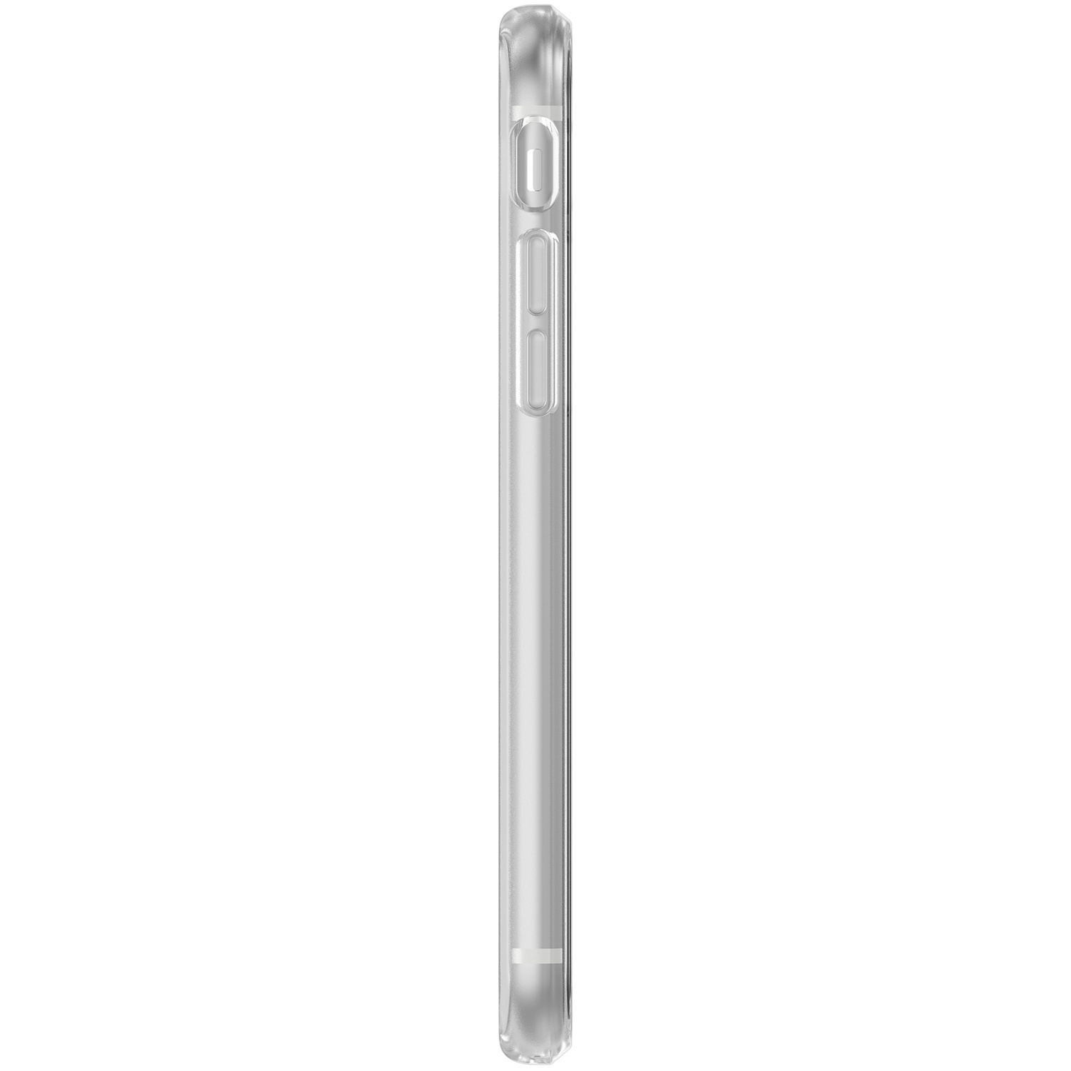 Een doorzichtige telefoonhoes met zijknopjes, op een witte achtergrond.