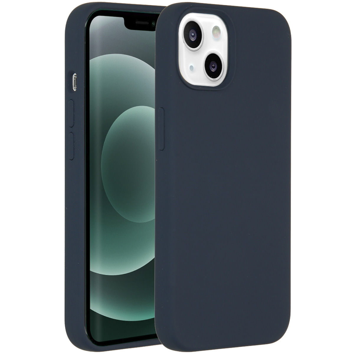 Blue phone case around a phone. White background. The phone has a camera.