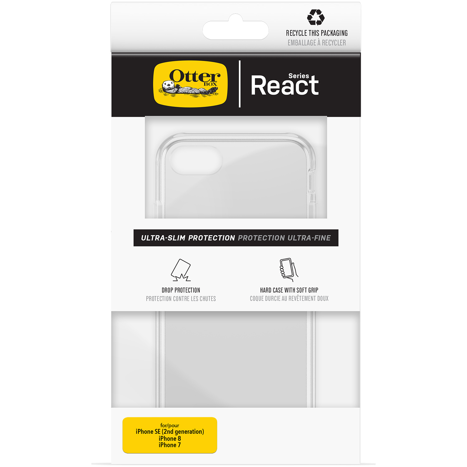 Verpakking van OtterBox React telefoonhoesje. Transparante hoes zichtbaar. Tekst: 'Ultra-Slim Protection'.