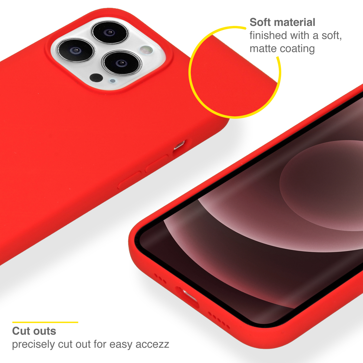 Rode telefoonhoes, zacht materiaal met matte coating. Uitsparingen voor gemakkelijke toegang.