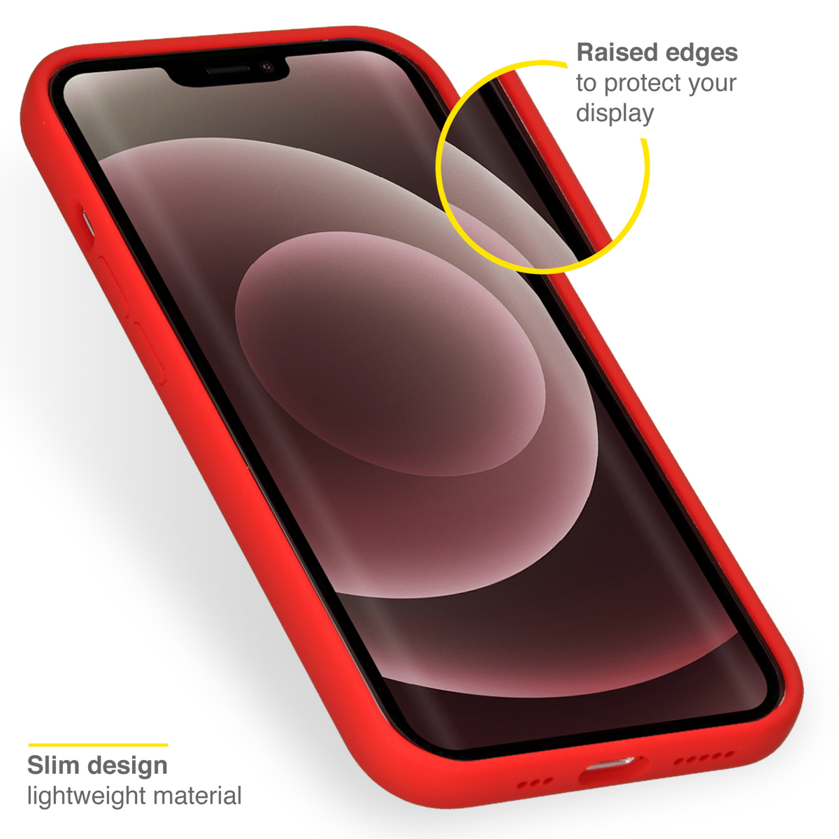 Rode telefoonhoes op telefoon. Verhoogde randen om het scherm te beschermen. Slank ontwerp.