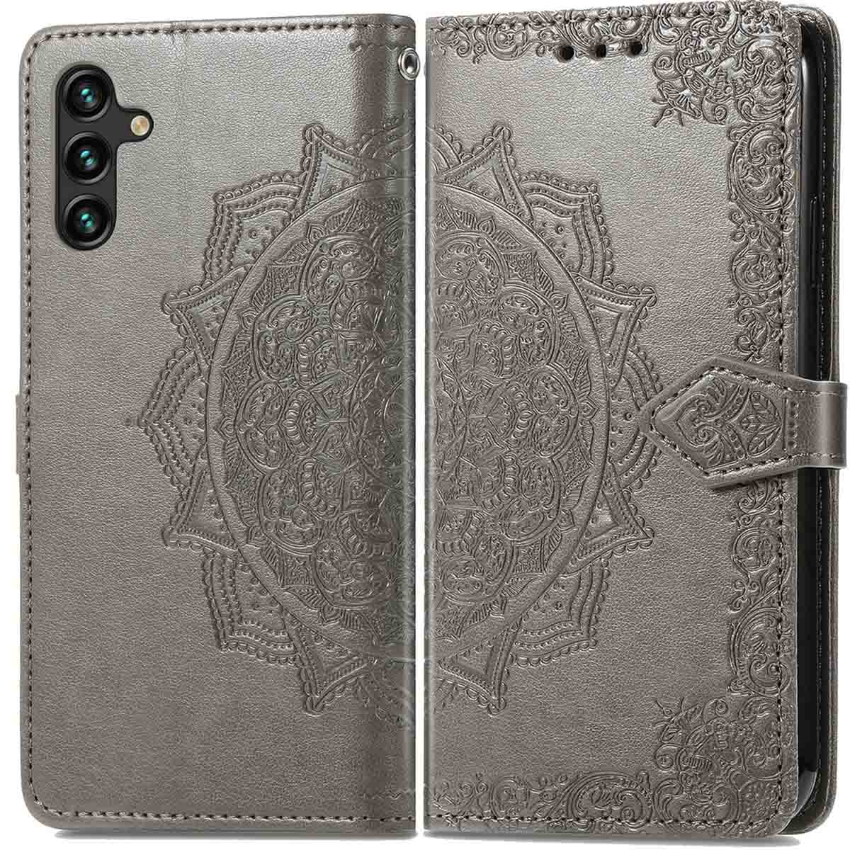 Grijze telefoonhoes met mandala-ontwerp en reliëf bloempatronen. Sluiting.