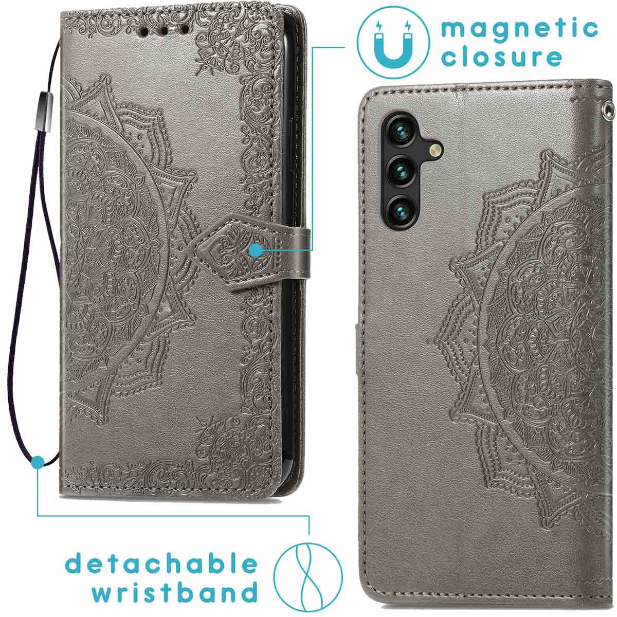 Grijze telefoonhoes met mandala-ontwerp, magnetische sluiting en afneembare polsband.