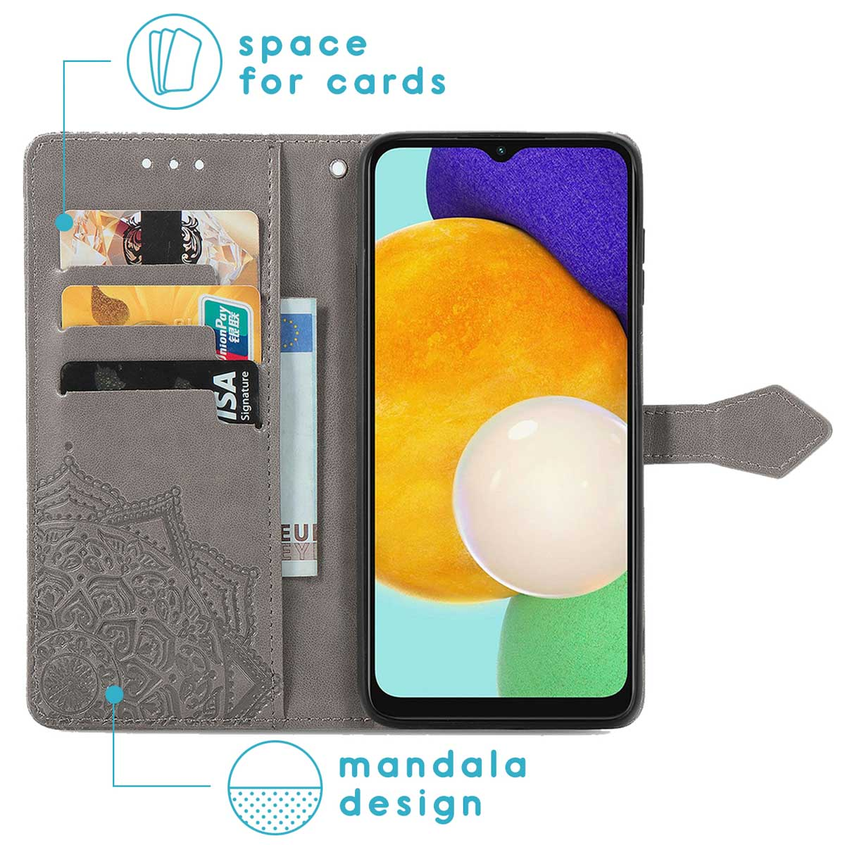 Open telefoonhoes met kaarten en telefoon erin. Tekst: 'Ruimte voor kaarten' en 'Mandala ontwerp'.