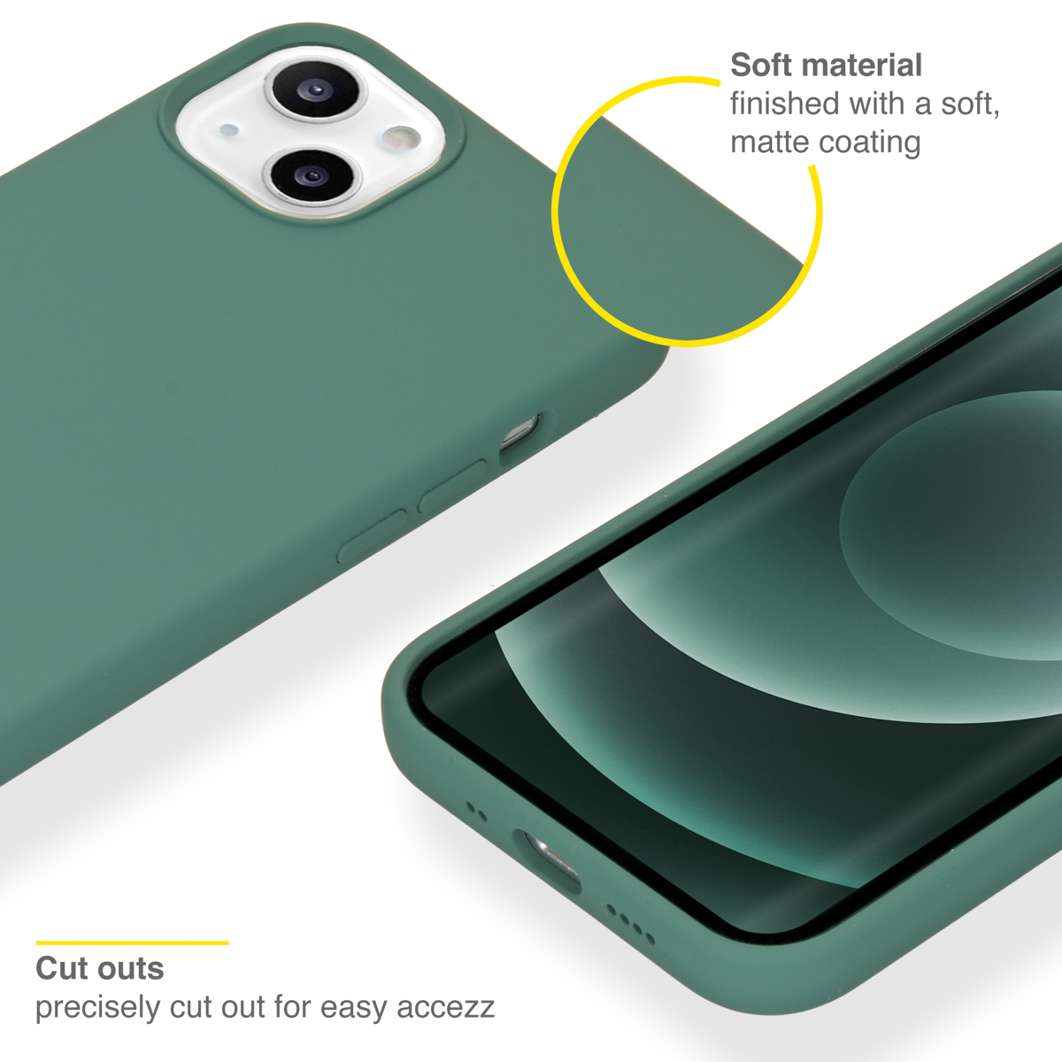 Groene telefoonhoes en telefoon. Opmerking over zacht materiaal met matte coating. Uitsparingen voor gemakkelijke toegang.