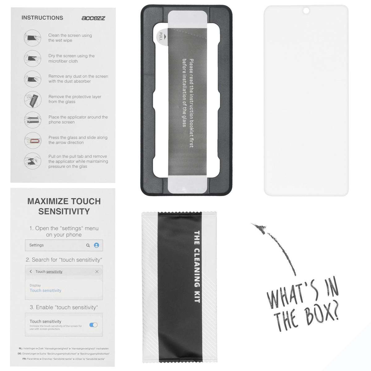 Instructions for applying a phone screen protector. Includes cleaning kit and a screen protector.