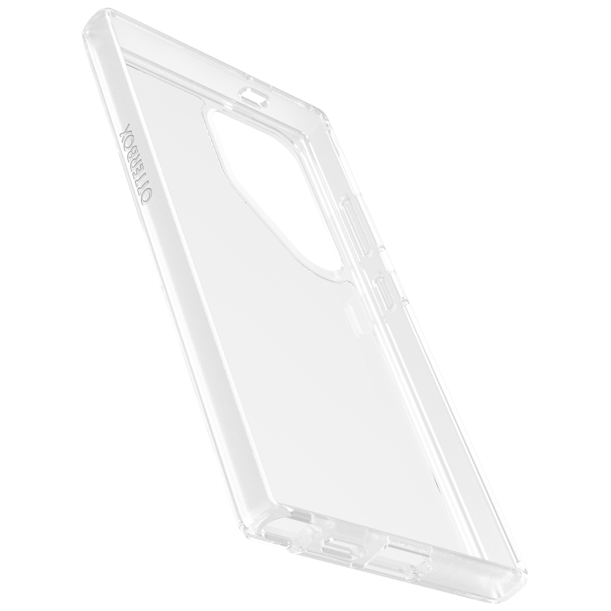 Custodia trasparente per telefono su una superficie bianca. Mostra il logo Otterbox.