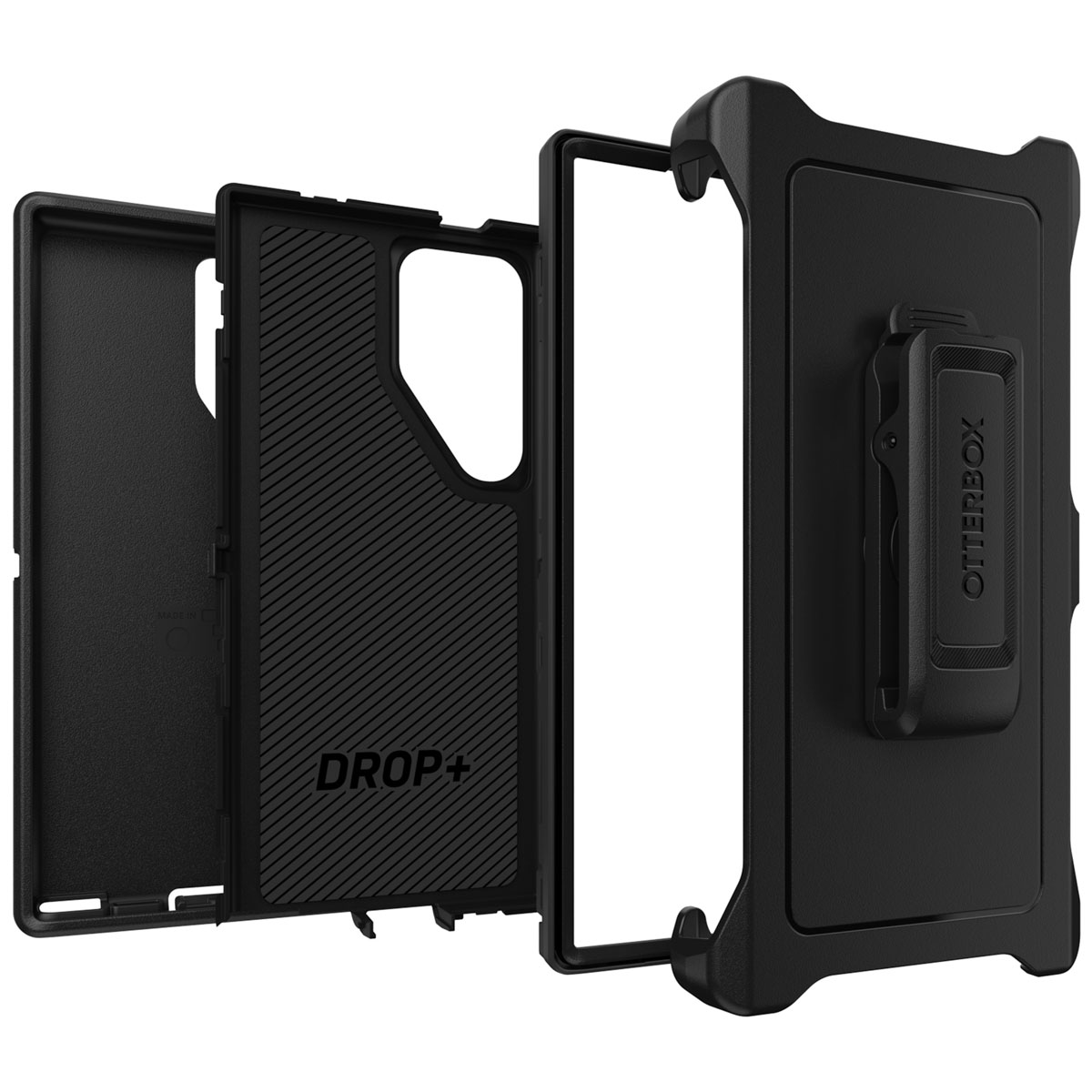 Zwarte telefoonhoes in drie delen, open, met clip.