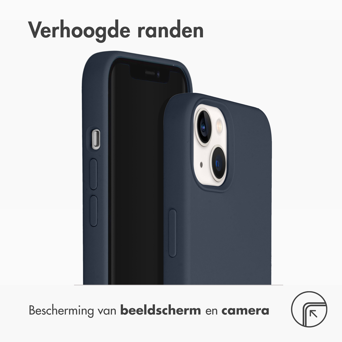 Twee marineblauwe telefoonhoesjes. Tekst 'Verhoogde randen' en 'Bescherming van beeldscherm en camera'.