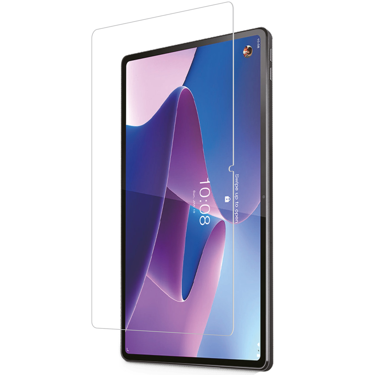 Tablet with screen protector. Clear protector on the left, the tablet on the right with a purple and white display.