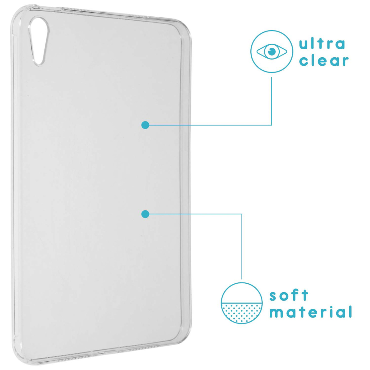 Clear tablet case. Soft material. Ultra clear. Two blue highlights. Arrows pointing to the words.
