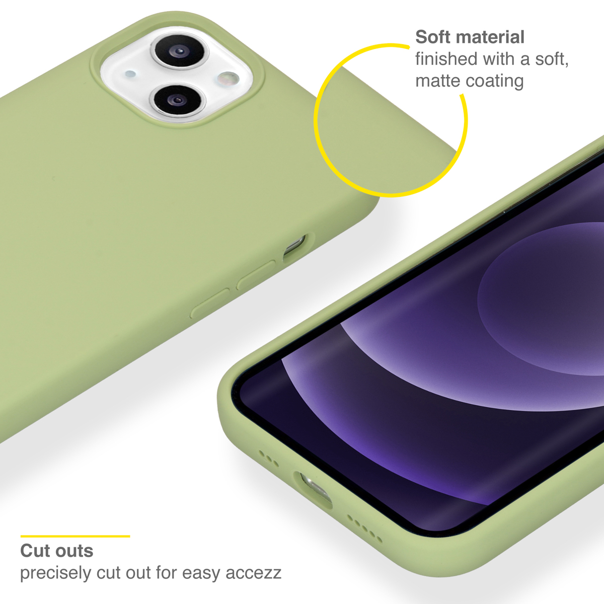 Groene telefoonhoes met uitsparingen. De hoes heeft een zachte, matte coating.