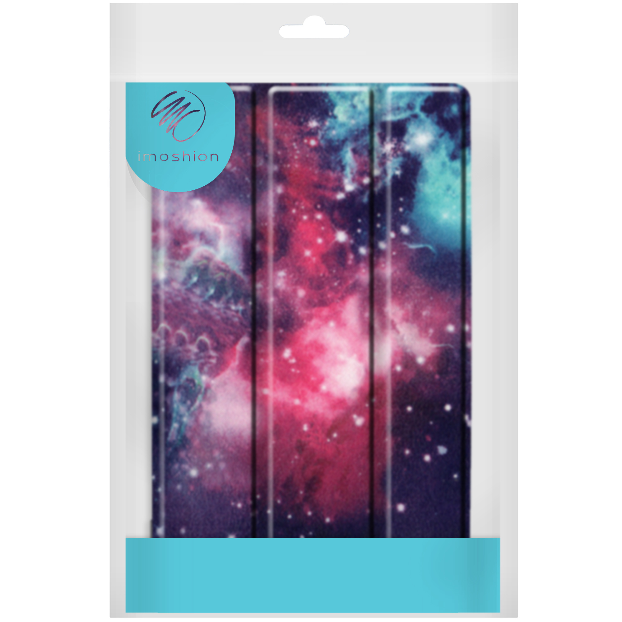Phone case in package, with a colorful galaxy design.
