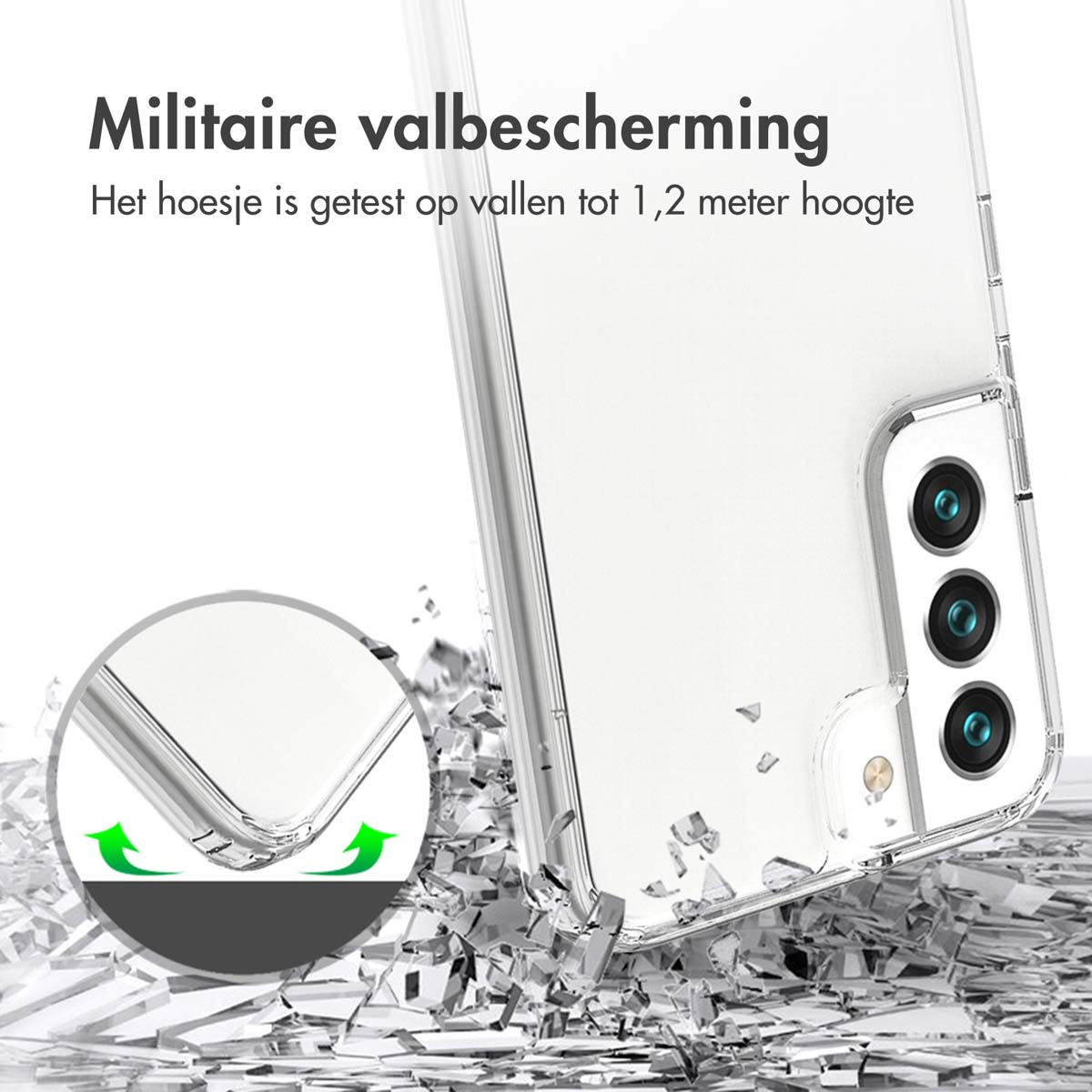 Clear phone case with a phone inside, shown after impact. Text states military protection.