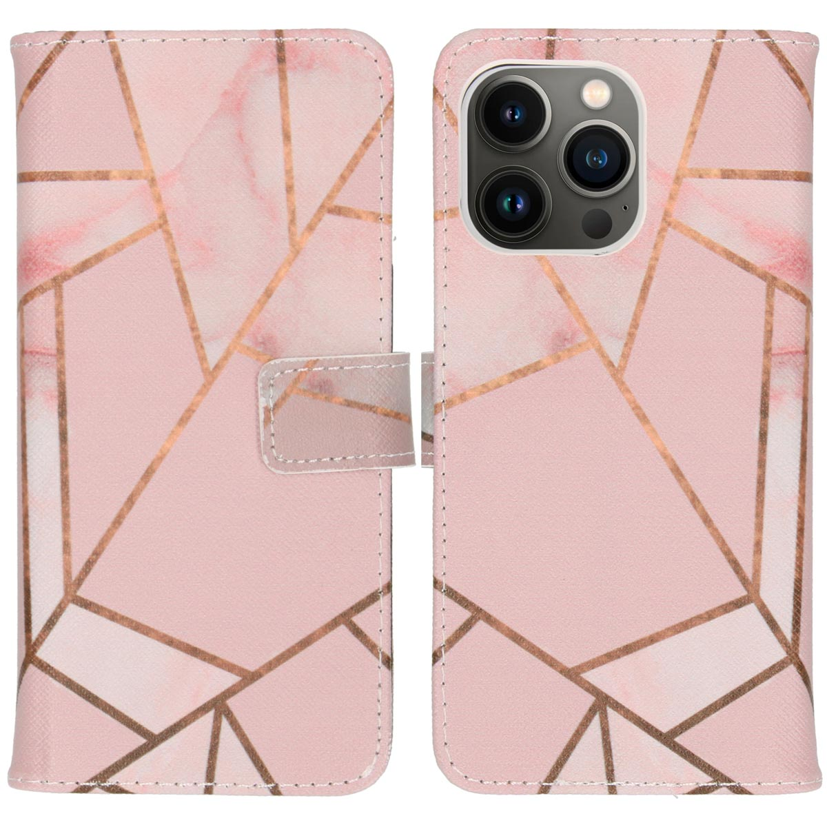 Roze telefoonhoes met gouden geometrisch ontwerp en magnetische sluiting.