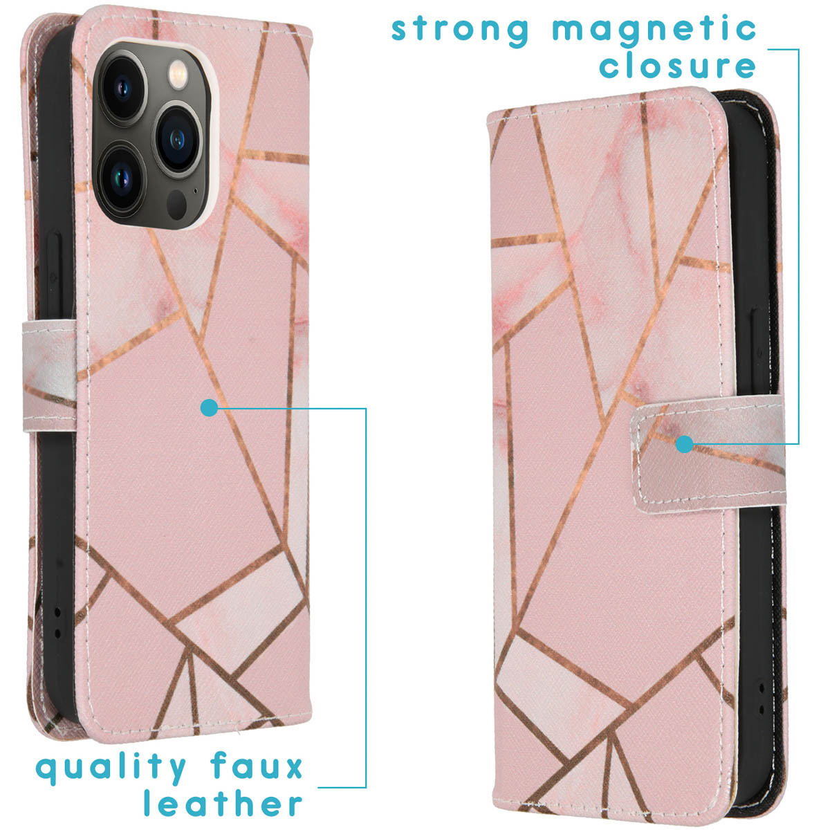 Roze marmer design telefoonhoes open, met gouden lijnen en magnetische sluiting.