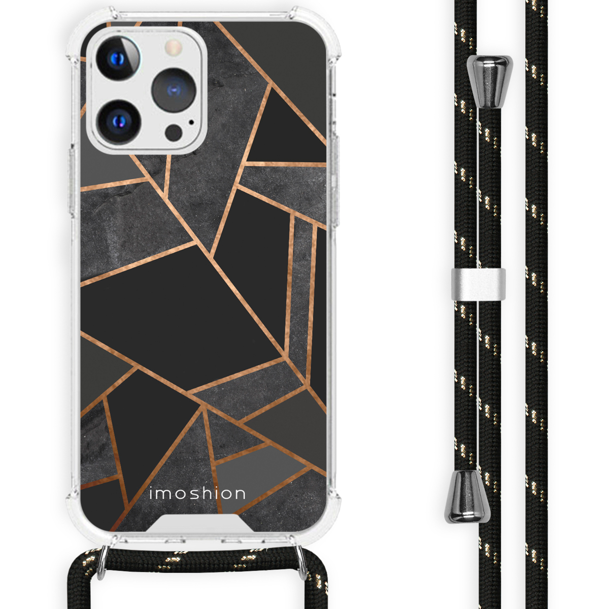 Coque de téléphone avec design géométrique, noir et gris. Lanière avec cordon noir.