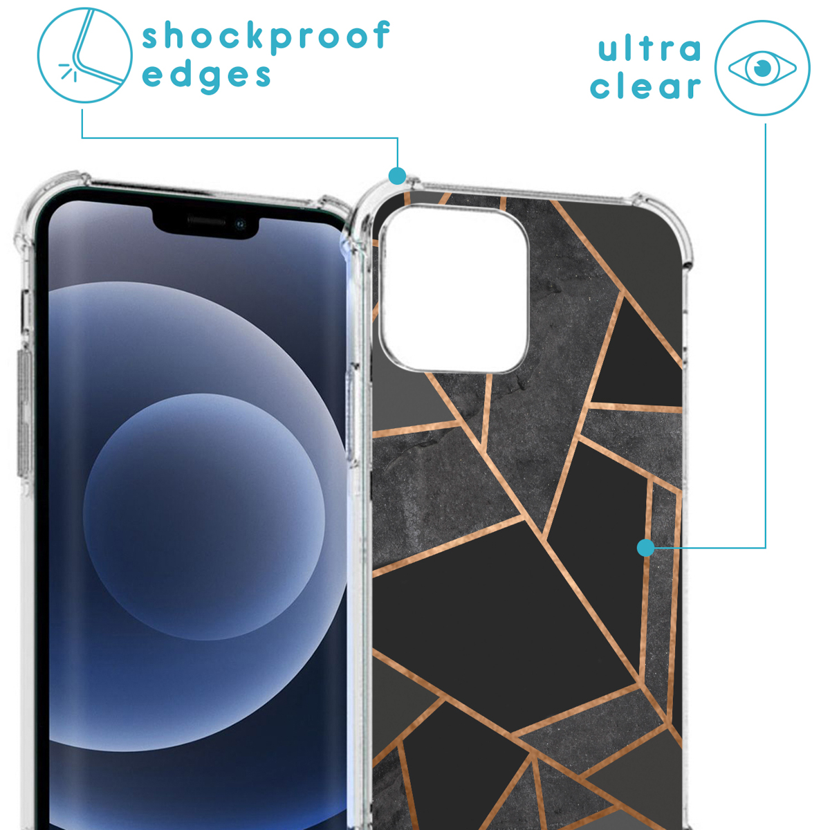 Coque de téléphone transparente avec bords antichoc et dos à motifs. Le motif est noir et doré.