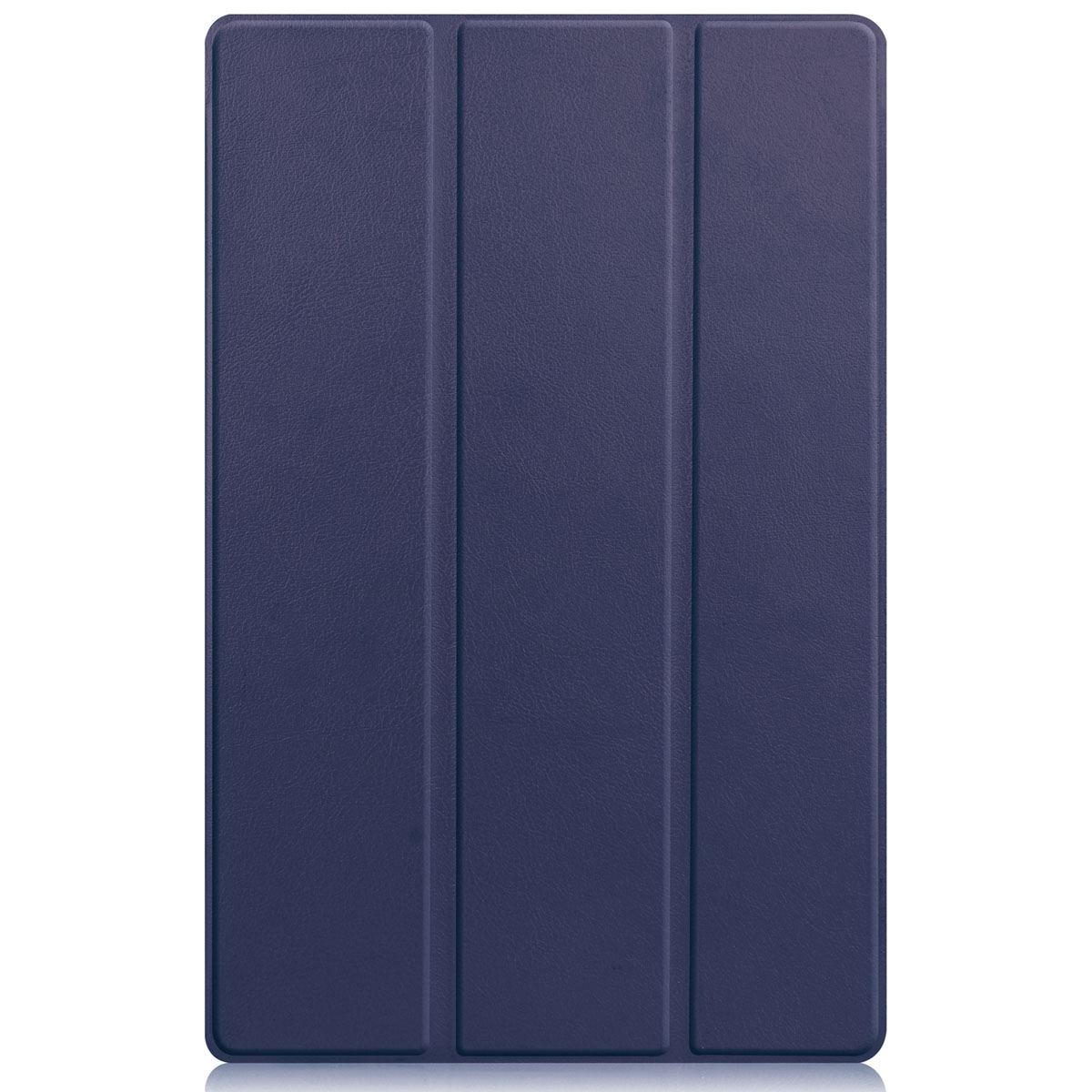Blue tablet case, closed, with vertical lines.