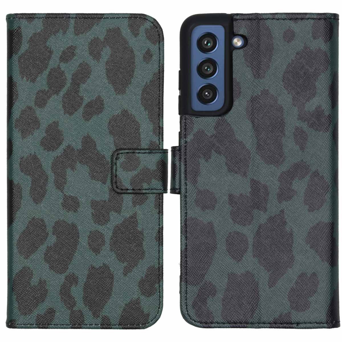 Groene en zwarte telefoonhoes met een luipaardprint ontwerp. Open, met telefoon erin.