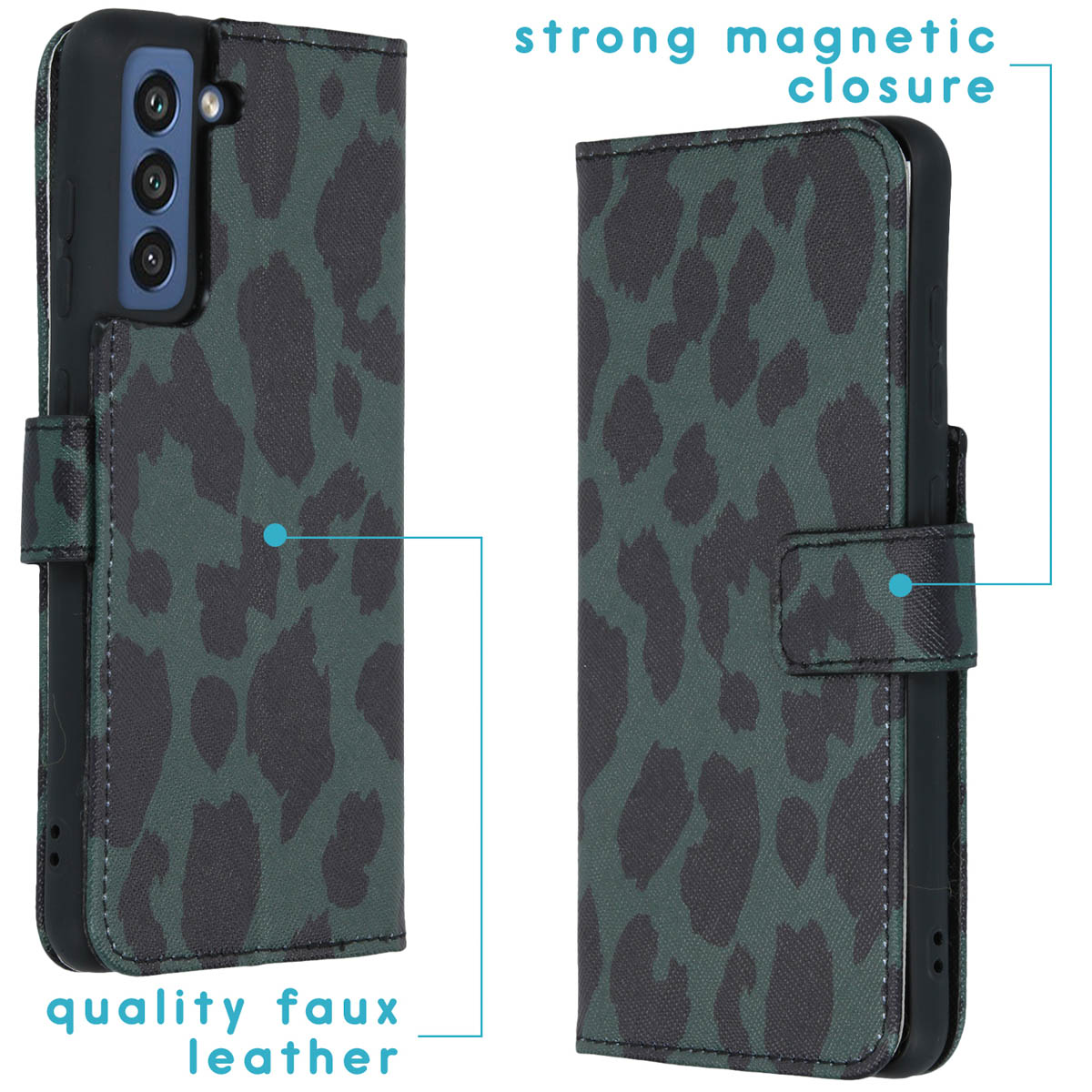 Groene telefoonhoes met luipaardprint, open. Toont de telefoon en de magnetische sluiting.