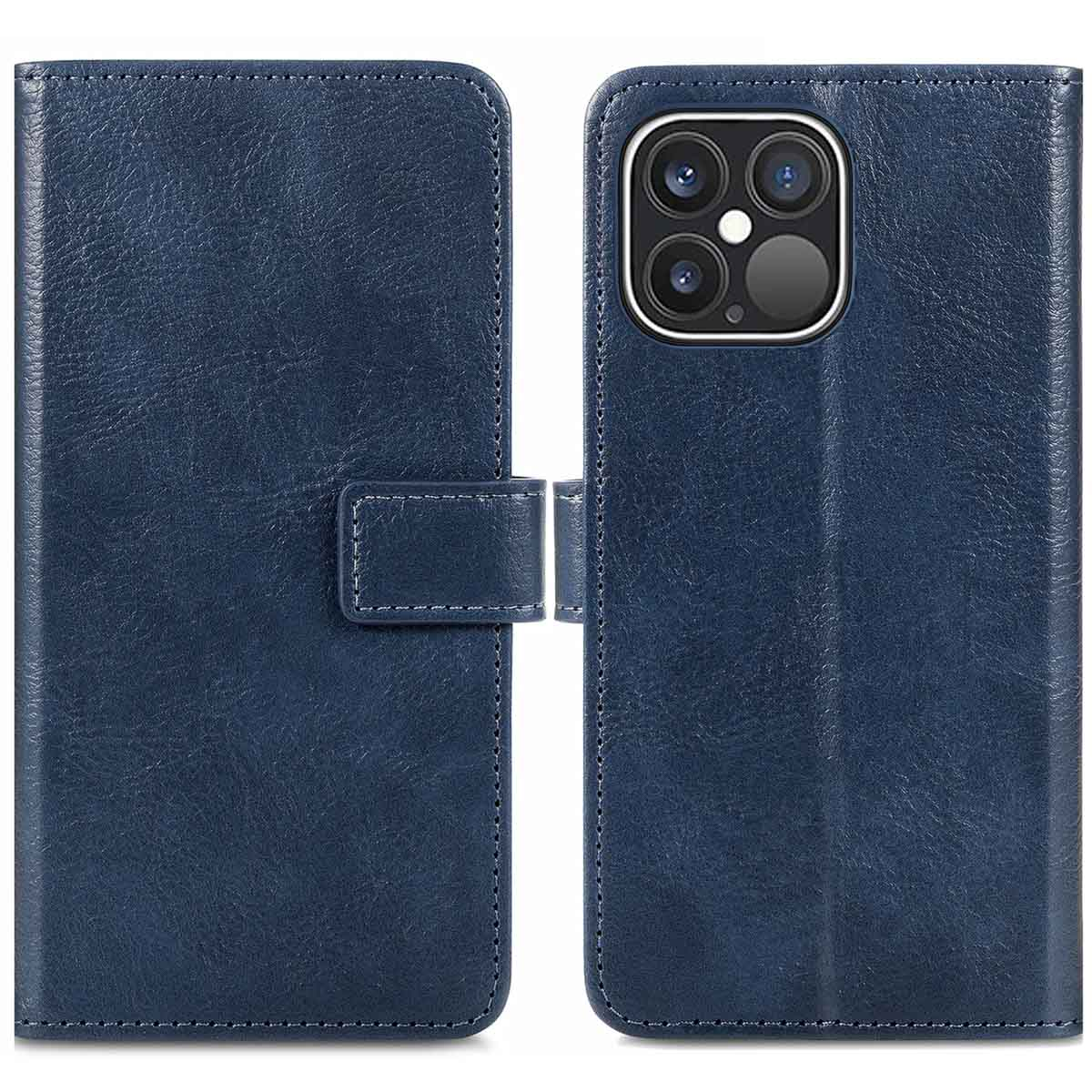 Blauwe leren telefoonhoes. Binnenkant heeft kaartsleuven. Open telefoonhoes met een telefoon erin.