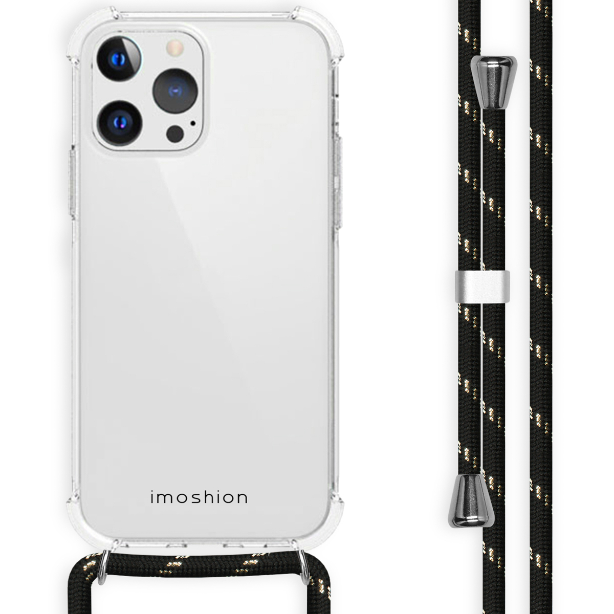 Coque transparente avec cordon noir et doré, iPhone visible. Cordon noir et détails argentés. Fond blanc.