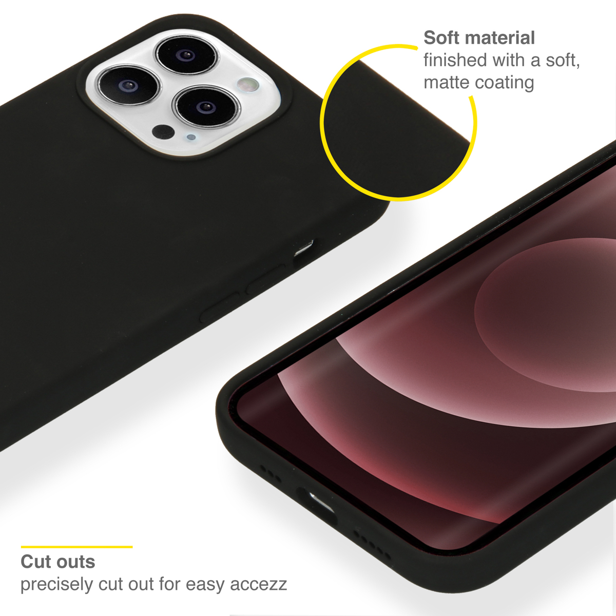 Zwarte telefoonhoesjes, uitsparingen voor gemakkelijke toegang. Zachte, matte coating. Gele cirkel benadrukt de functie.