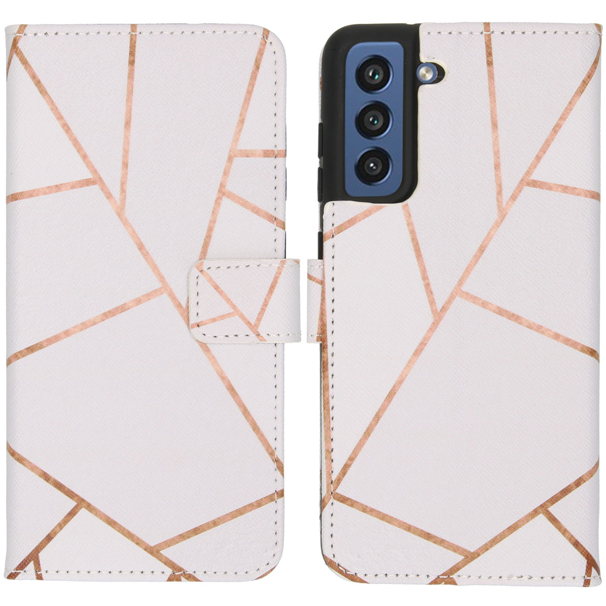 Witte telefoonhoes met roségoud geometrisch ontwerp, open om de telefoon te laten zien.