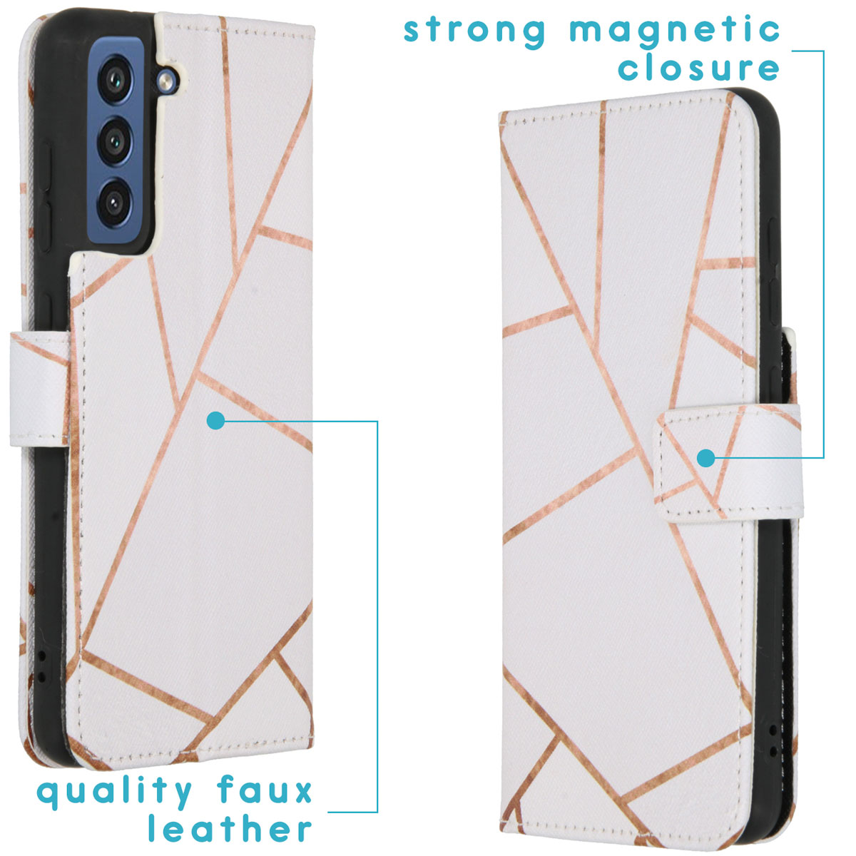 Witte telefoonhoes met goud geometrisch patroon. Tekst 'strong magnetic closure'.