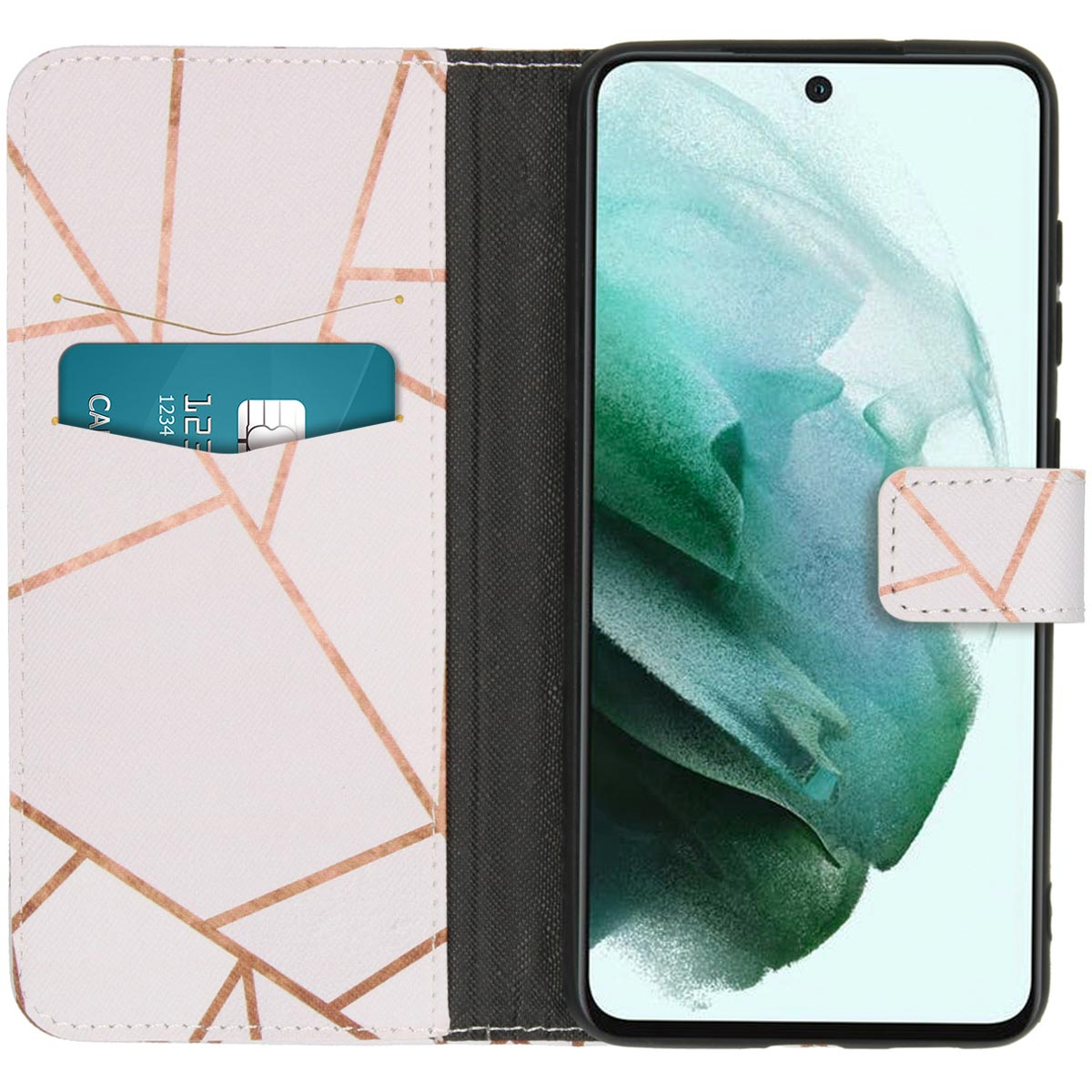 Open telefoonhoesje met smartphone en kaart. Roze-gouden geometrisch patroon.
