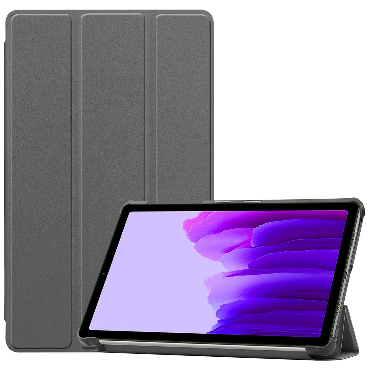 Grijze tablet met een hoes. Het tabletscherm toont een paars en wit ontwerp.