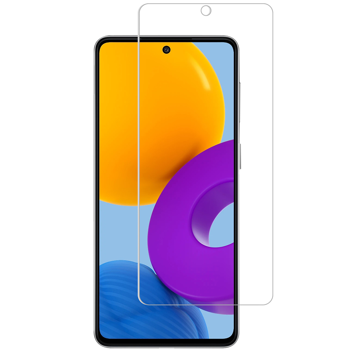 A phone with a screen protector applied, showing colorful background.