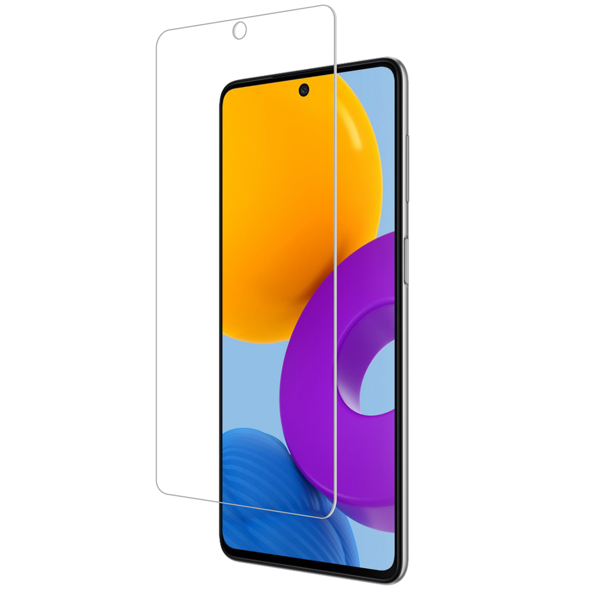 Phone with a screen protector. Screen has yellow and purple shapes on a blue background. Protector is clear.