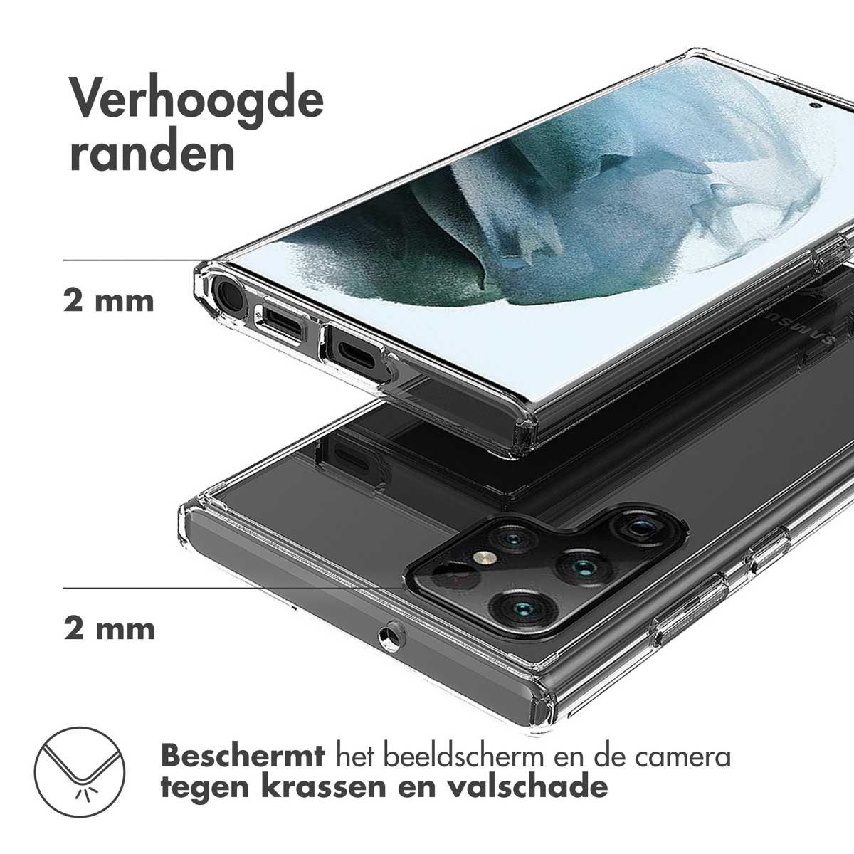 Primo piano di una custodia trasparente per telefono, che mostra i bordi rialzati e un telefono all'interno, con testo.