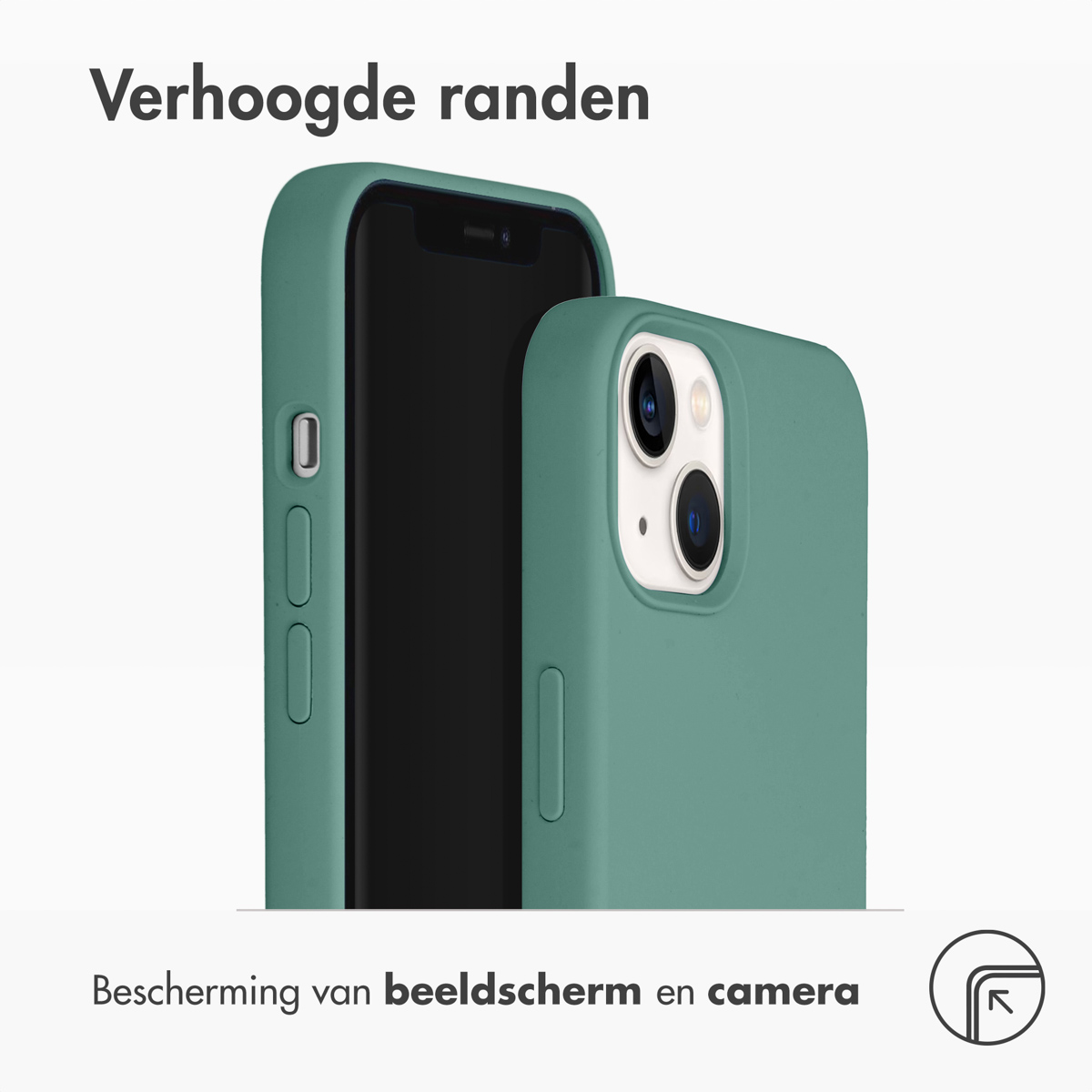 Twee telefoons naast elkaar, één in een groene case. Tekst: 'Verhoogde randen'.