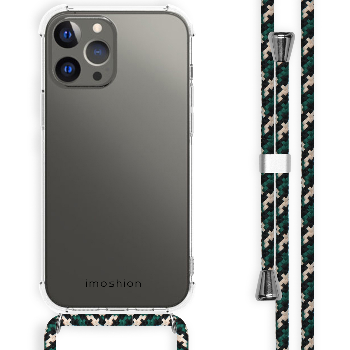 Transparante telefoonhoes met een koord. Achterkant van de telefoon zichtbaar, met een stijlvol, patroonkoord.
