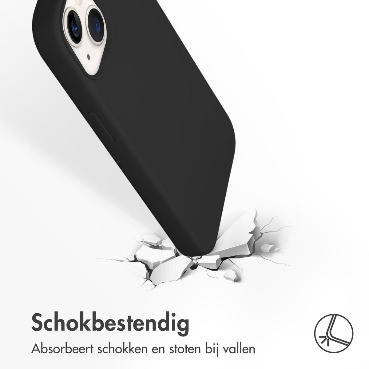 Zwarte telefoonhoes. Telefoon valt op de grond en de grond barst.