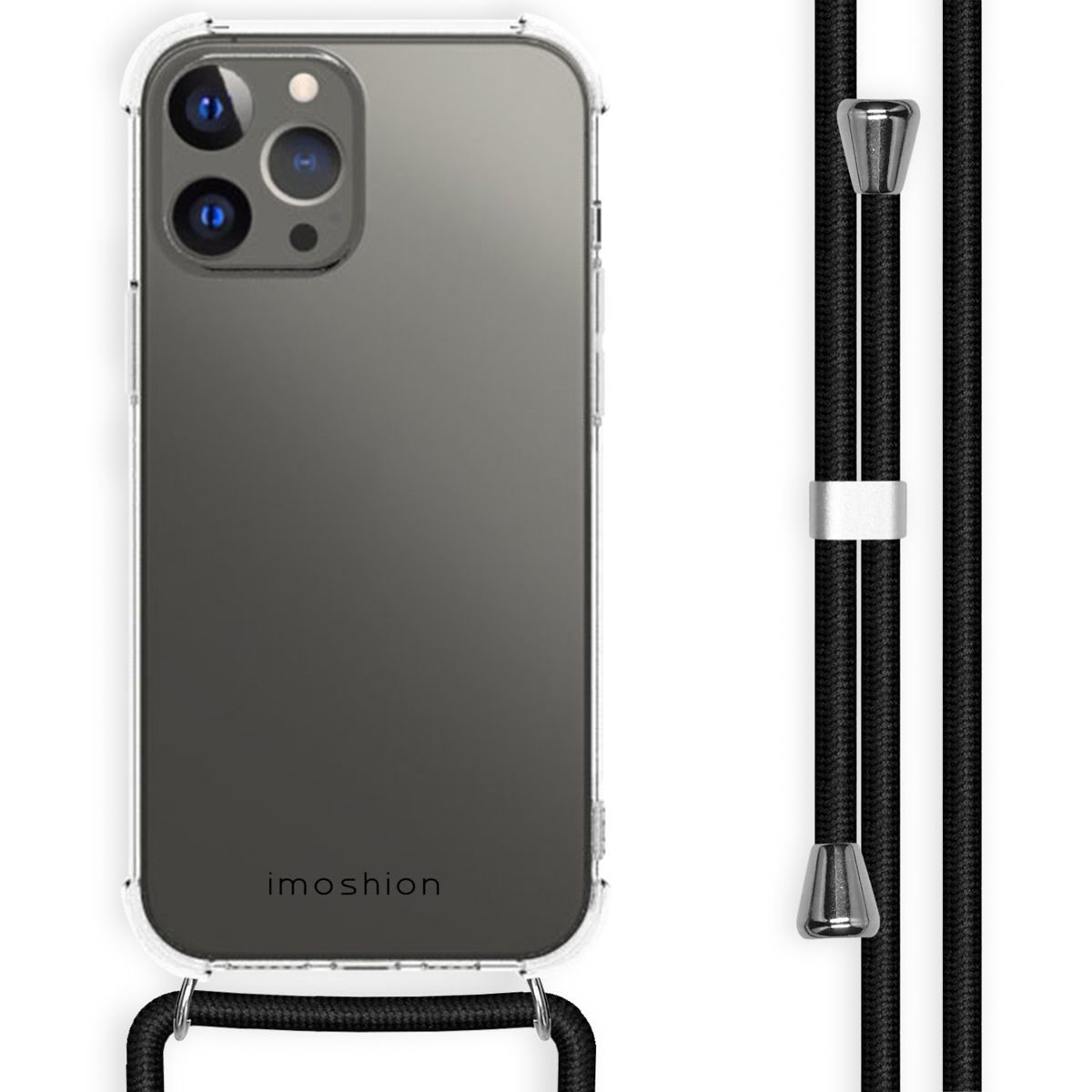 Transparante telefoonhoes met zwart koord, een telefoon hangt aan het koord.