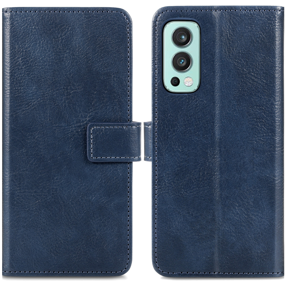 Een blauwe leren telefoonhoes, open en dicht. De telefoon heeft meerdere cameralenzen aan de achterkant.