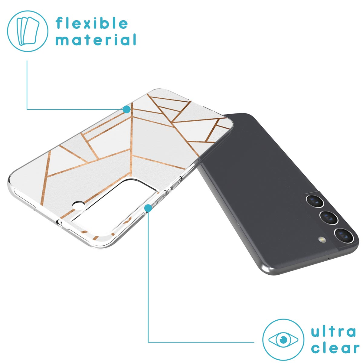Phone case on a phone, with a clear and white design.